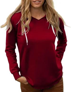 Women's Casual Hoodies V Neck Drawstring Hooded Sweatshirts Fashion Solid Color Lightweight Fall Pullover Shirt Tops