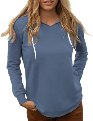 Women's Casual Hoodies V Neck Drawstring Hooded Sweatshirts Fashion Solid Color Lightweight Fall Pullover Shirt Tops