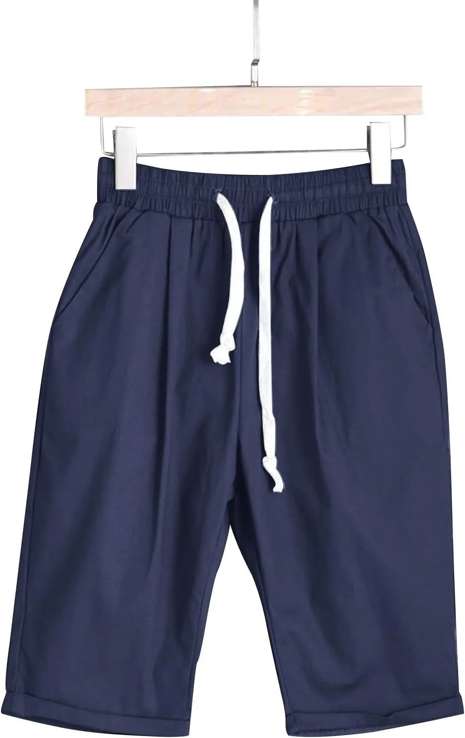 Women's Casual Shorts Cotton Elastic Waist Knee Length Bermuda Shorts Loose Fit Summer Drawstring Beach Shorts, Large