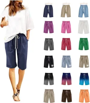 Women's Casual Shorts Cotton Elastic Waist Knee Length Bermuda Shorts Loose Fit Summer Drawstring Beach Shorts, Large