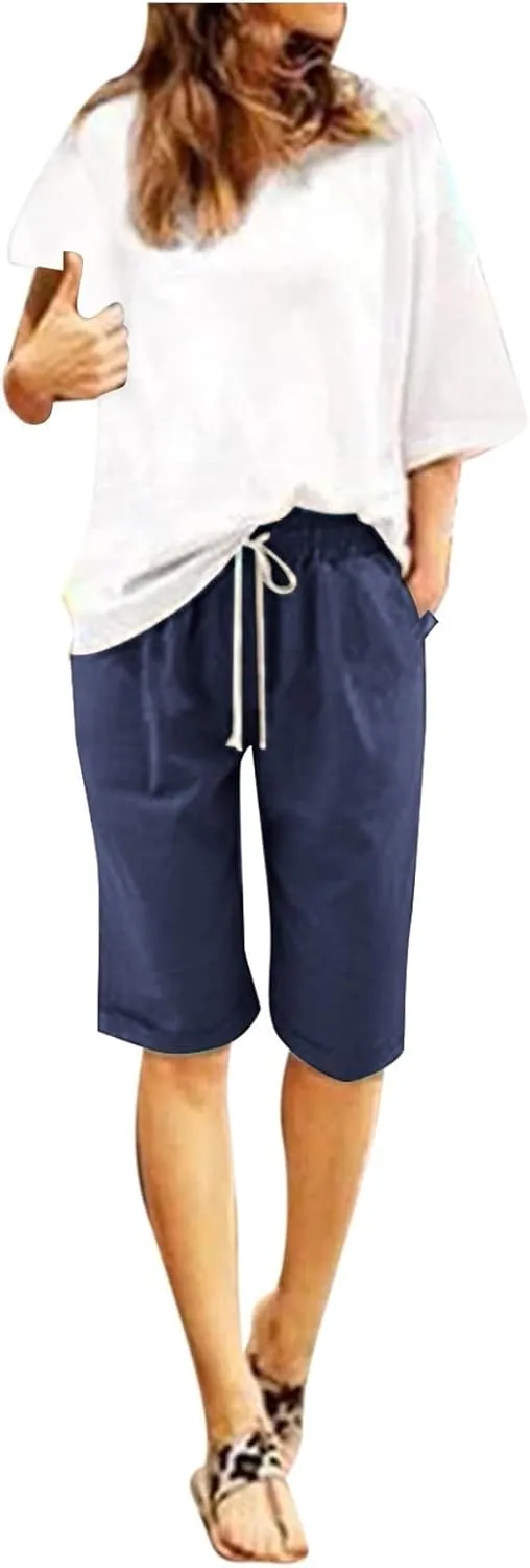 Women's Casual Shorts Cotton Elastic Waist Knee Length Bermuda Shorts Loose Fit Summer Drawstring Beach Shorts, Large
