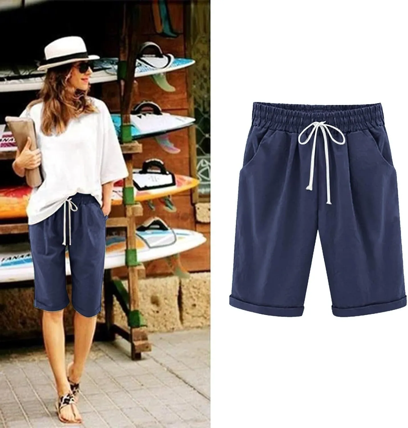 Women's Casual Shorts Cotton Elastic Waist Knee Length Bermuda Shorts Loose Fit Summer Drawstring Beach Shorts, Large