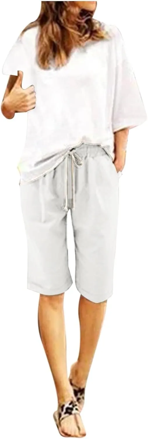 Womens Casual Shorts Summer Cotton Elastic Waist Drawstring Knee Length Bermuda Shorts Loose Fit Beach Shorts