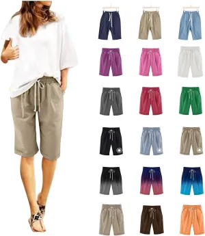 Womens Casual Shorts Summer Cotton Elastic Waist Drawstring Knee Length Bermuda Shorts Loose Fit Beach Shorts