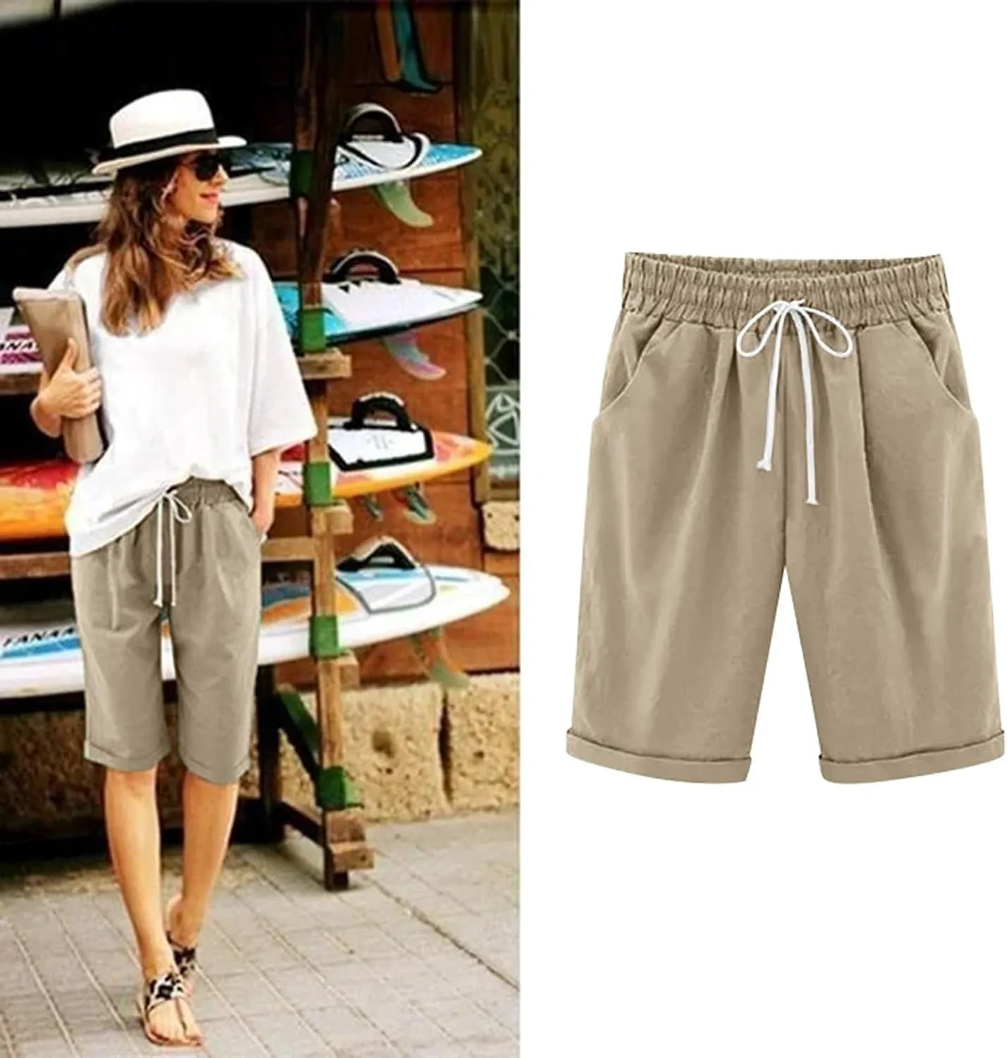 Womens Casual Shorts Summer Cotton Elastic Waist Drawstring Knee Length Bermuda Shorts Loose Fit Beach Shorts