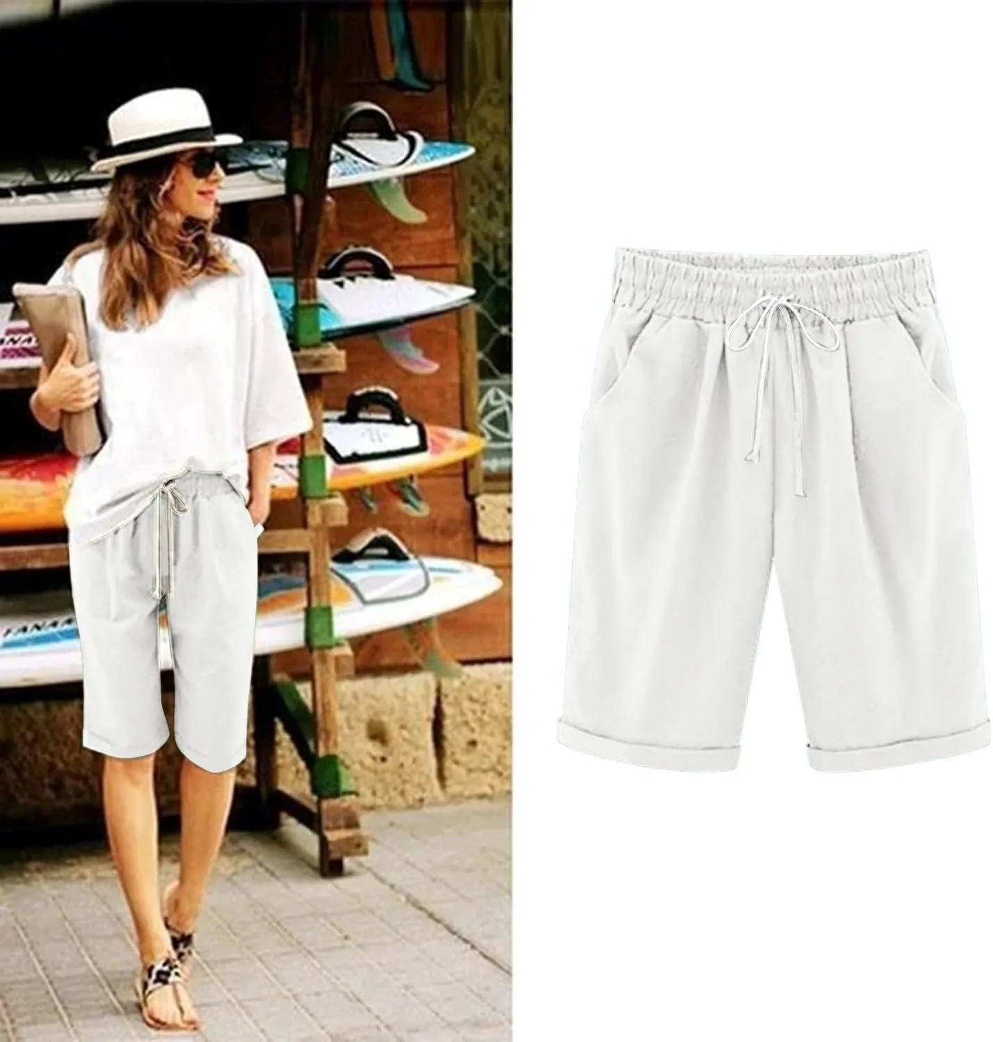 Womens Casual Shorts Summer Cotton Elastic Waist Drawstring Knee Length Bermuda Shorts Loose Fit Beach Shorts
