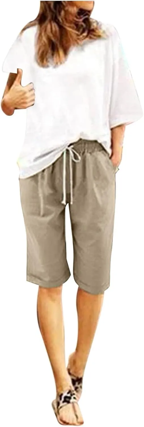 Womens Casual Shorts Summer Cotton Elastic Waist Drawstring Knee Length Bermuda Shorts Loose Fit Beach Shorts