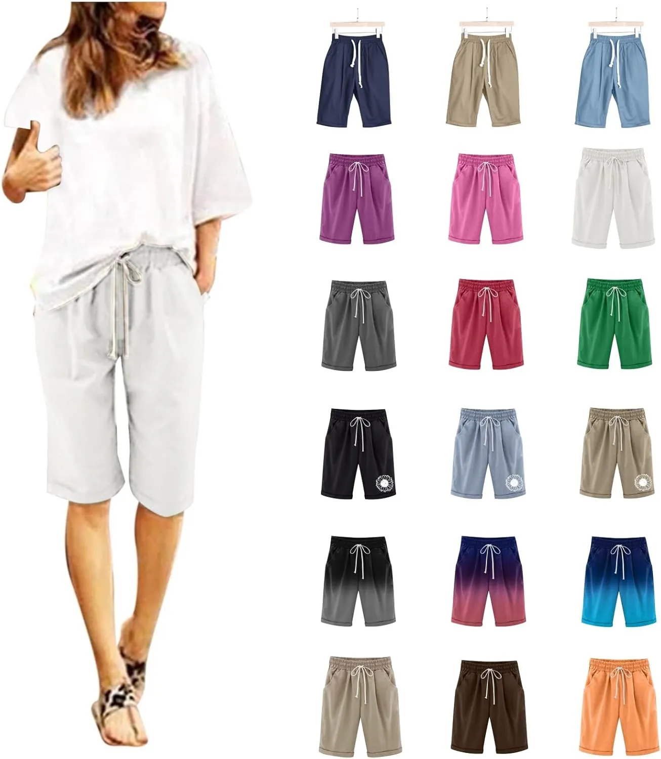 Womens Casual Shorts Summer Cotton Elastic Waist Drawstring Knee Length Bermuda Shorts Loose Fit Beach Shorts