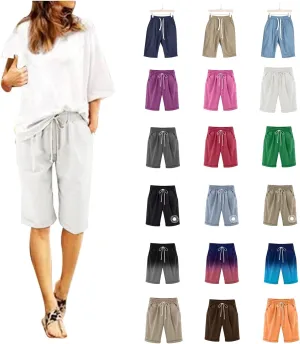 Womens Casual Shorts Summer Cotton Elastic Waist Drawstring Knee Length Bermuda Shorts Loose Fit Beach Shorts