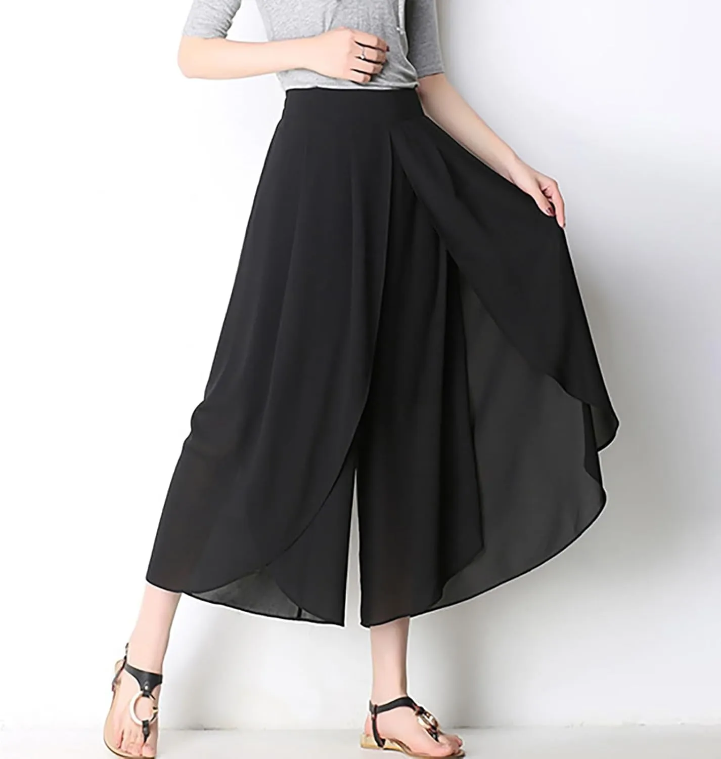 Womens Chiffon Split Wide Leg Pants Casual Summer Hippie Yoga Pants Plus Size Flowy Wrap Long