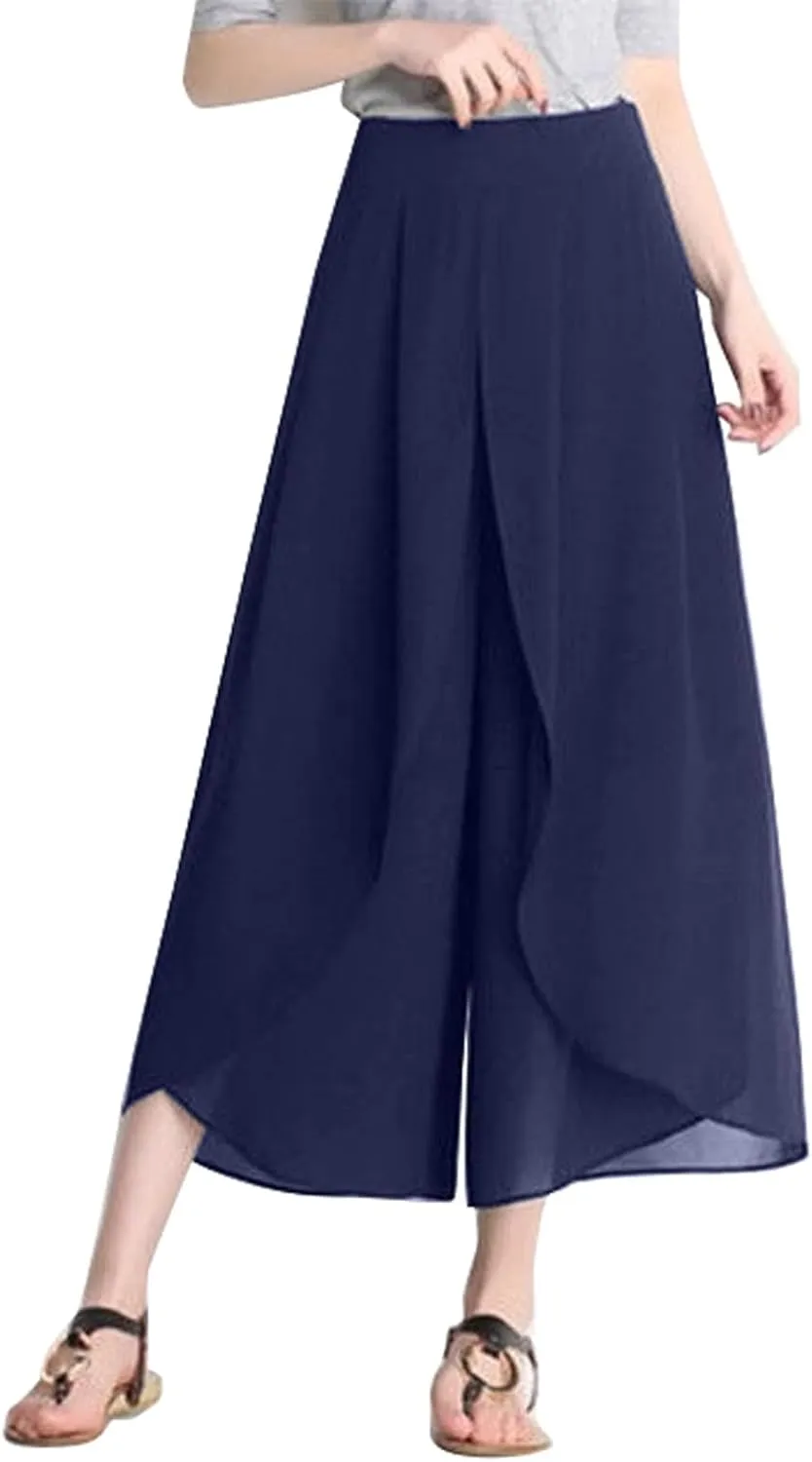 Womens Chiffon Split Wide Leg Pants Casual Summer Hippie Yoga Pants Plus Size Flowy Wrap Long