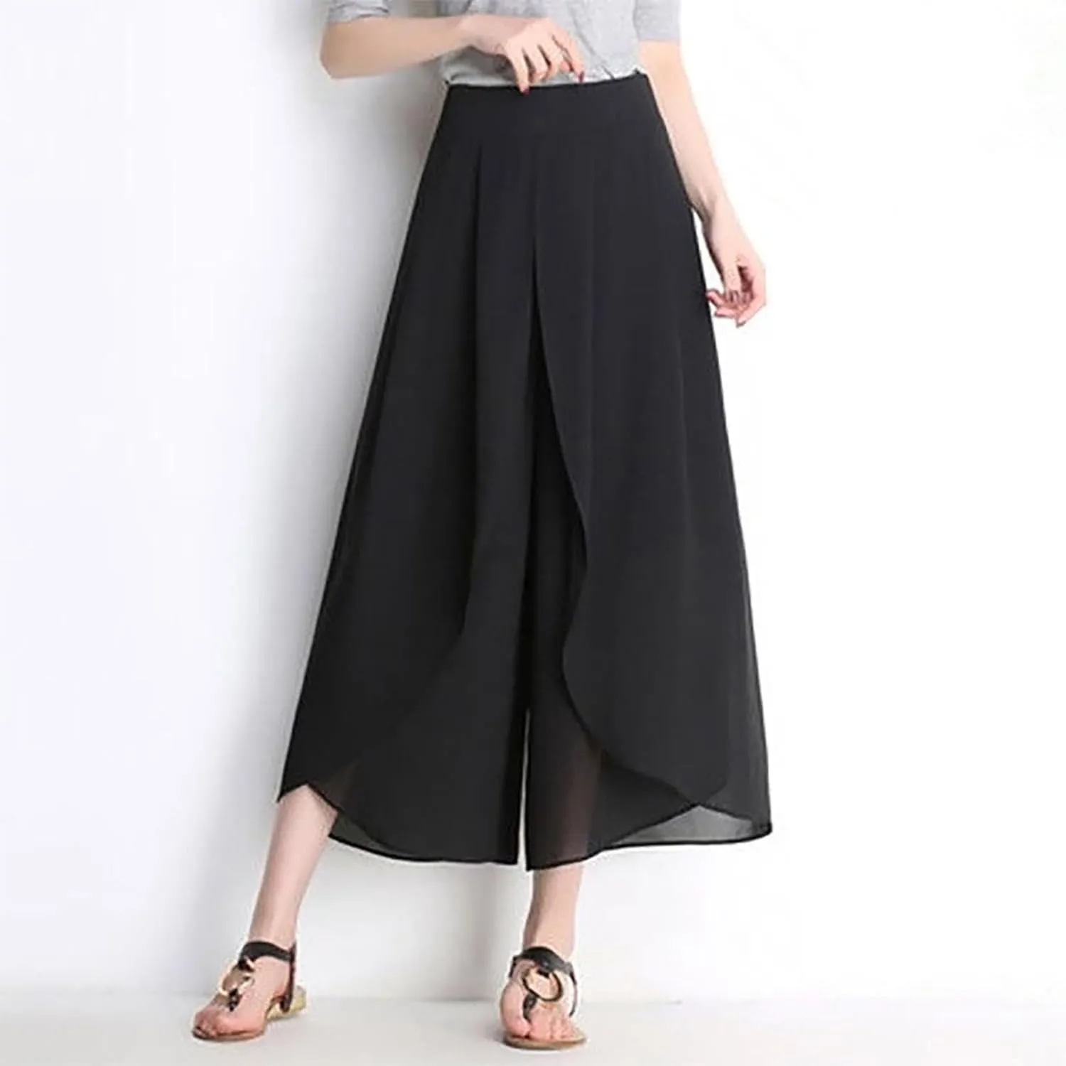 Womens Chiffon Split Wide Leg Pants Casual Summer Hippie Yoga Pants Plus Size Flowy Wrap Long
