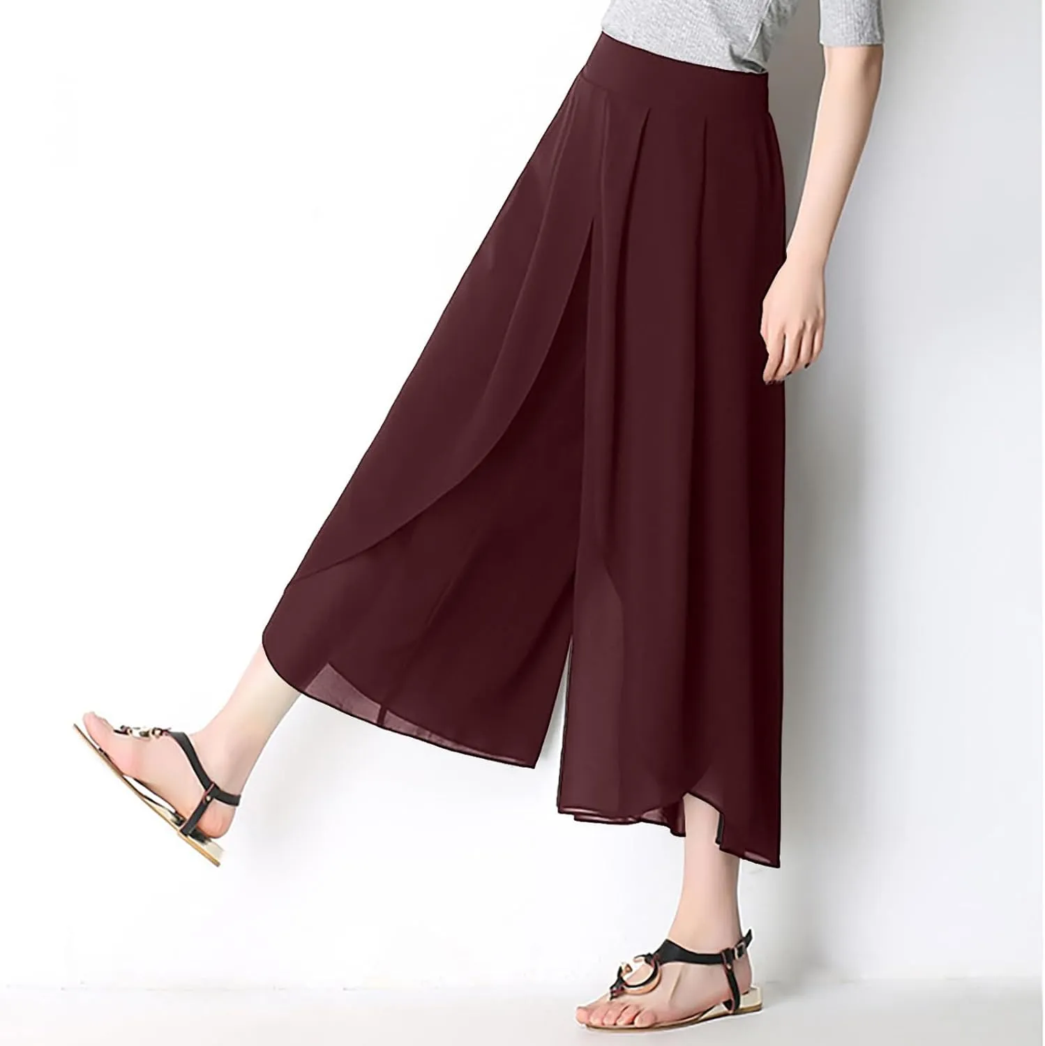 Womens Chiffon Split Wide Leg Pants Casual Summer Hippie Yoga Pants Plus Size Flowy Wrap Long