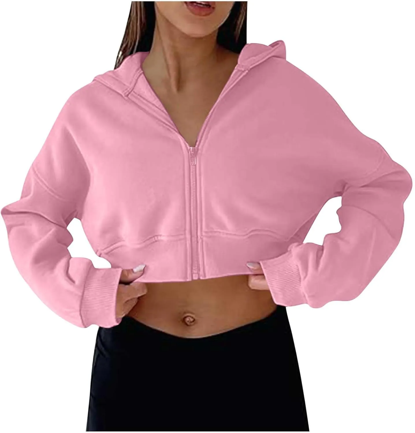 Womens Cropped Hoodie Full Zipper Hooded Sweatshirts Fleece Long Sleeve Pullover Tops Trendy Fall Clothes 2024