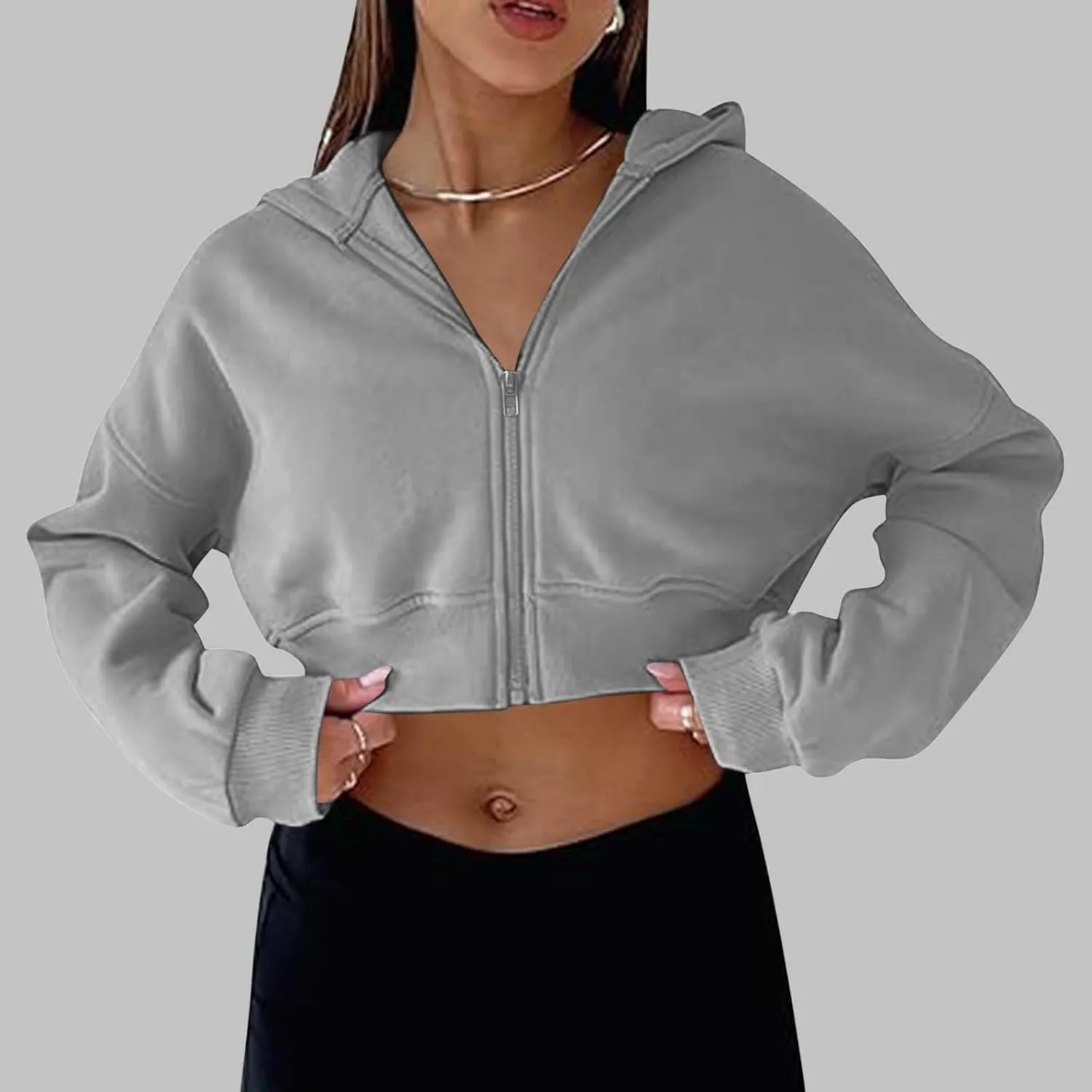Womens Cropped Hoodie Full Zipper Hooded Sweatshirts Fleece Long Sleeve Pullover Tops Trendy Fall Clothes 2024