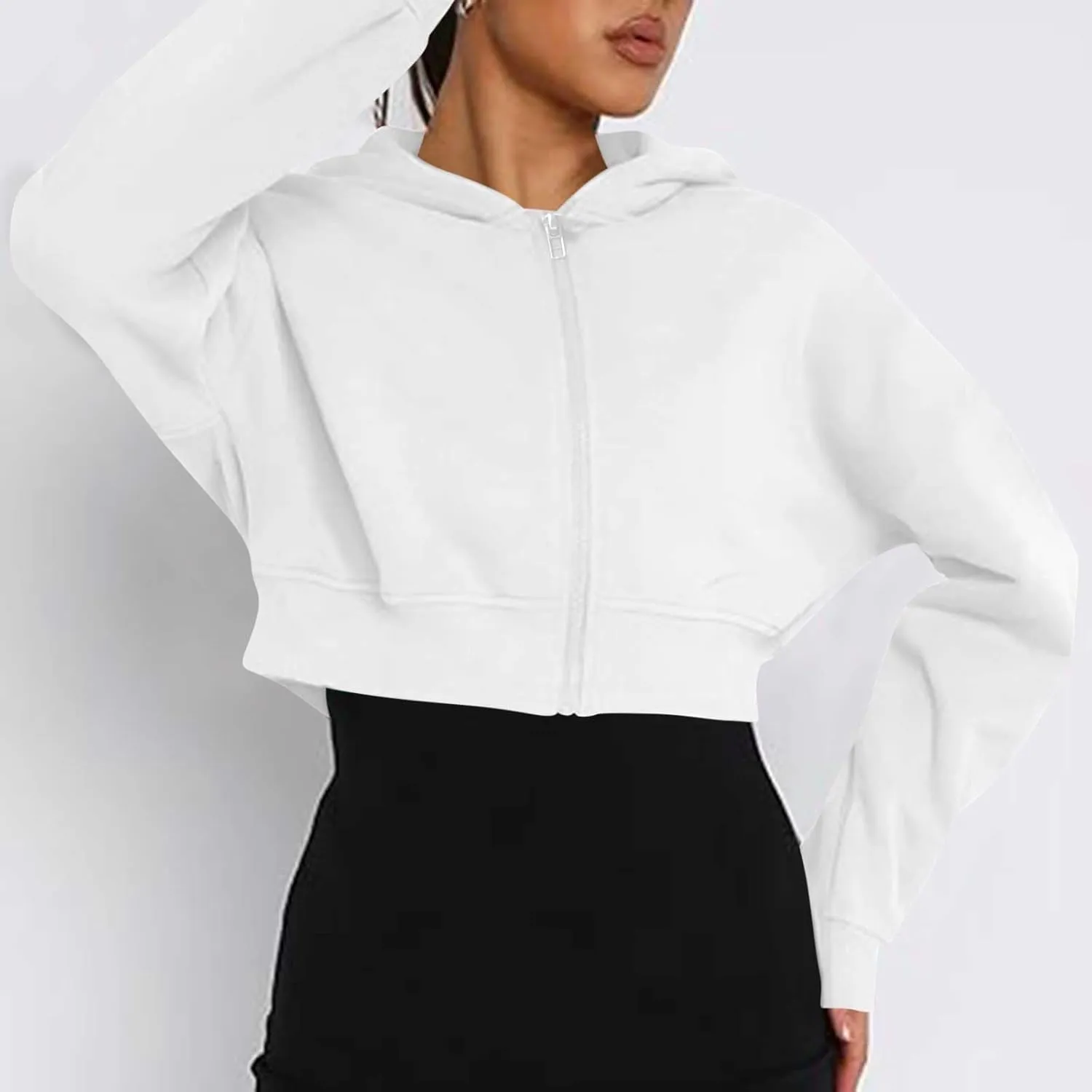 Womens Cropped Hoodie Full Zipper Hooded Sweatshirts Fleece Long Sleeve Pullover Tops Trendy Fall Clothes 2024