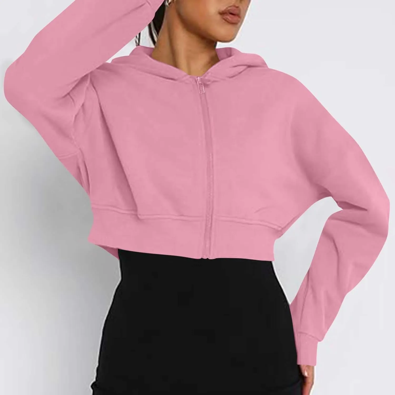 Womens Cropped Hoodie Full Zipper Hooded Sweatshirts Fleece Long Sleeve Pullover Tops Trendy Fall Clothes 2024