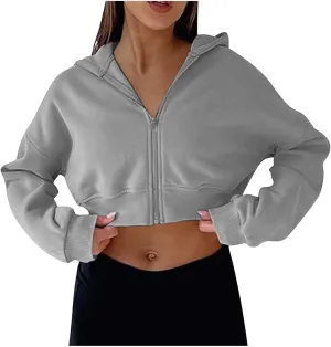 Womens Cropped Hoodie Full Zipper Hooded Sweatshirts Fleece Long Sleeve Pullover Tops Trendy Fall Clothes 2024