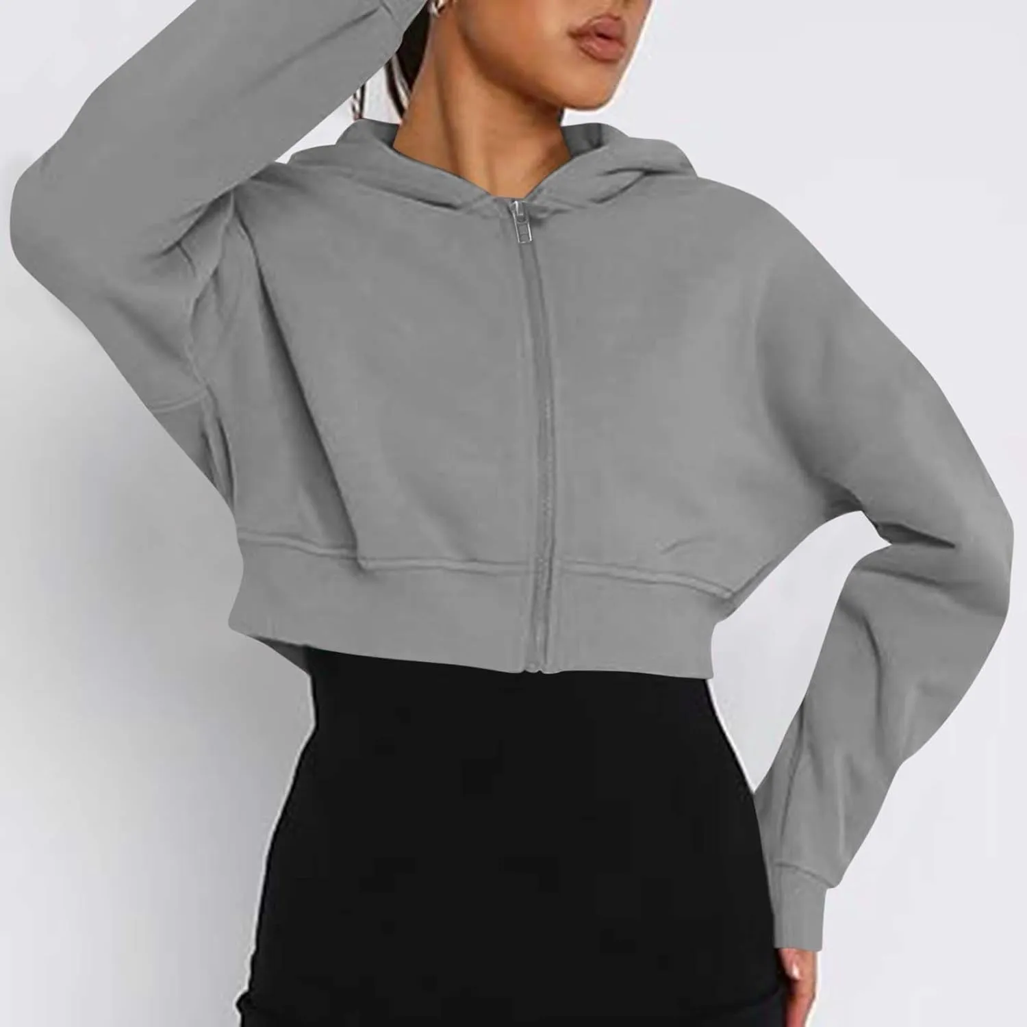 Womens Cropped Hoodie Full Zipper Hooded Sweatshirts Fleece Long Sleeve Pullover Tops Trendy Fall Clothes 2024