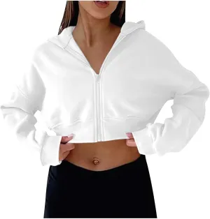 Womens Cropped Hoodie Full Zipper Hooded Sweatshirts Fleece Long Sleeve Pullover Tops Trendy Fall Clothes 2024