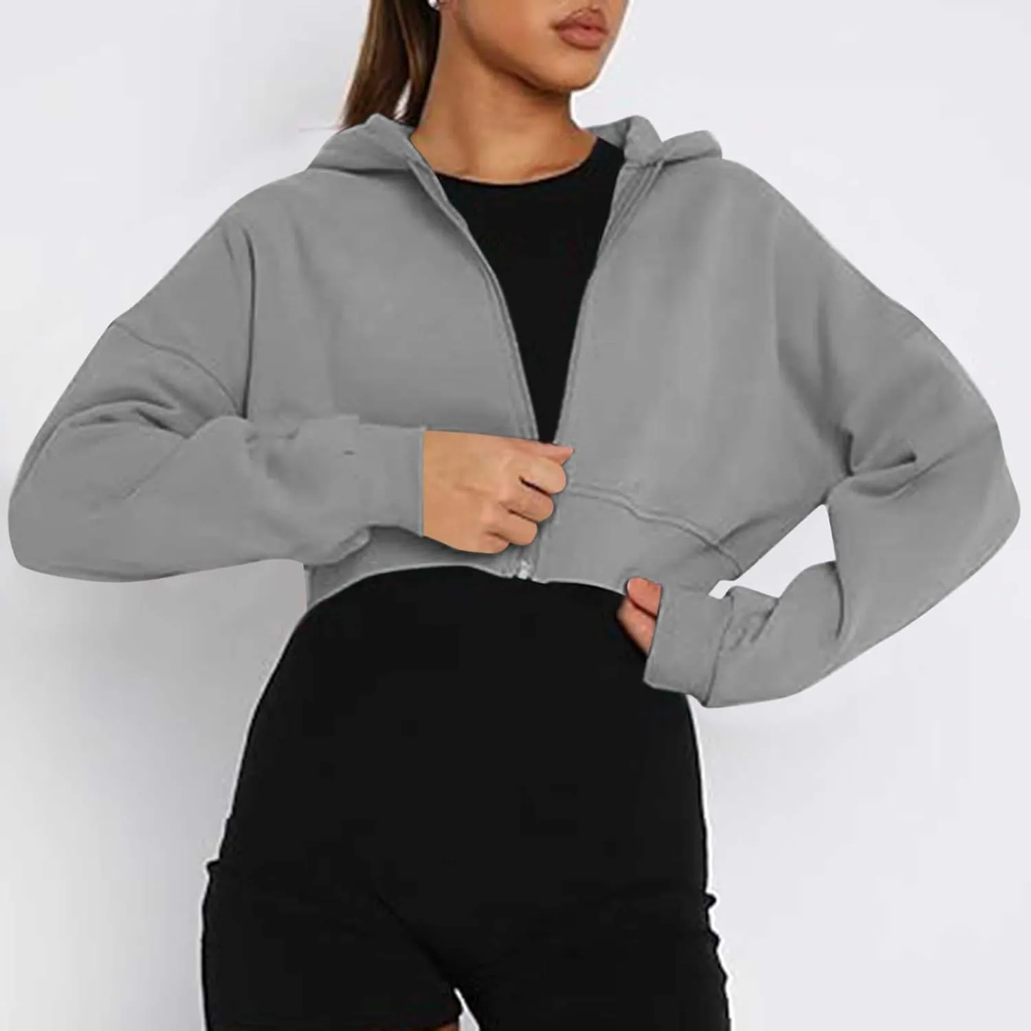 Womens Cropped Hoodie Full Zipper Hooded Sweatshirts Fleece Long Sleeve Pullover Tops Trendy Fall Clothes 2024