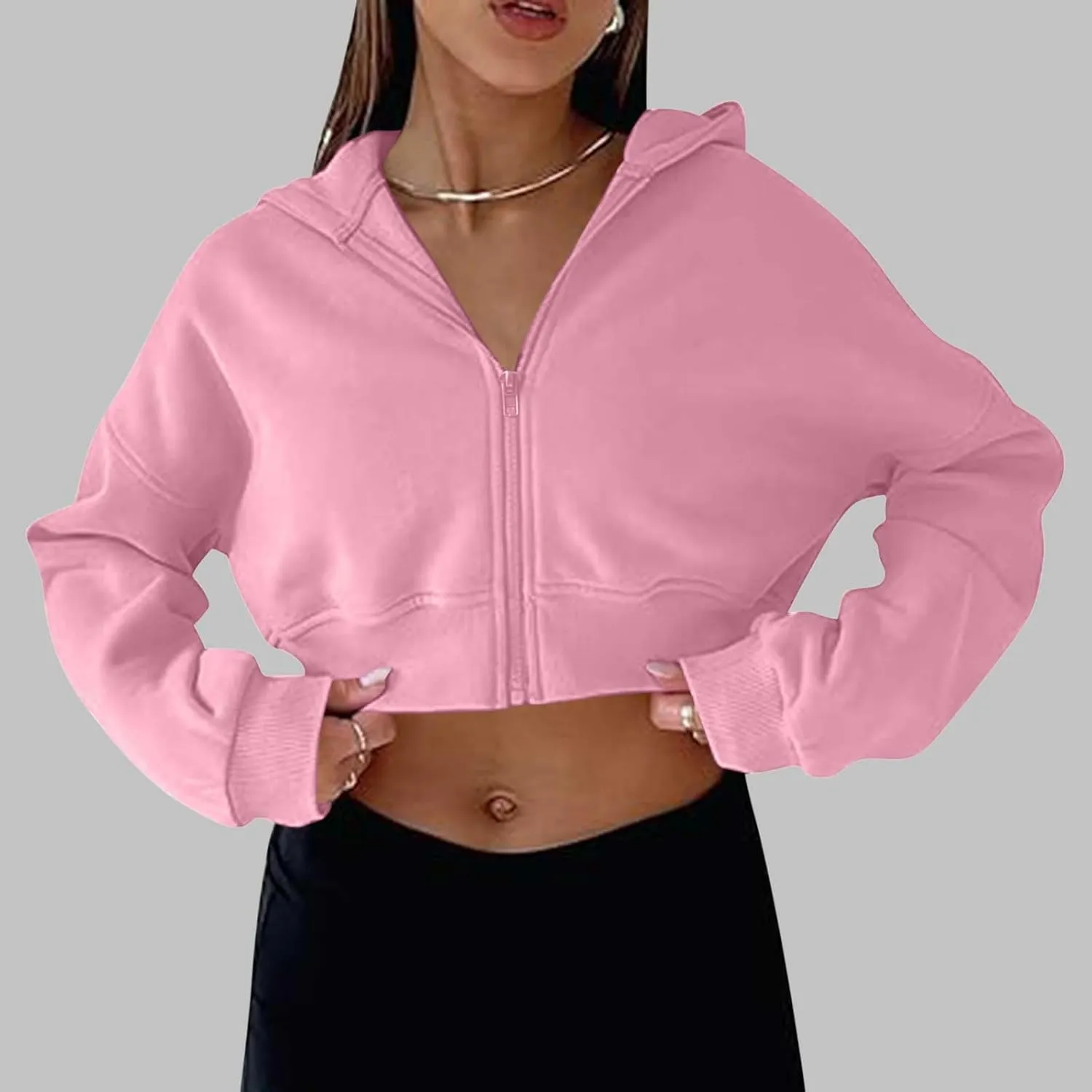 Womens Cropped Hoodie Full Zipper Hooded Sweatshirts Fleece Long Sleeve Pullover Tops Trendy Fall Clothes 2024