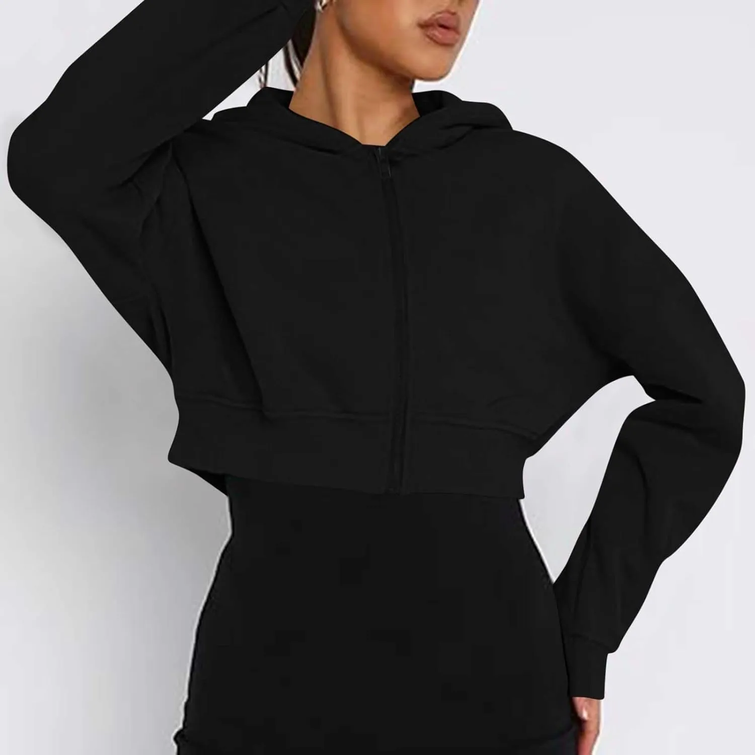 Womens Cropped Hoodie Full Zipper Hooded Sweatshirts Fleece Long Sleeve Pullover Tops Trendy Fall Clothes 2024