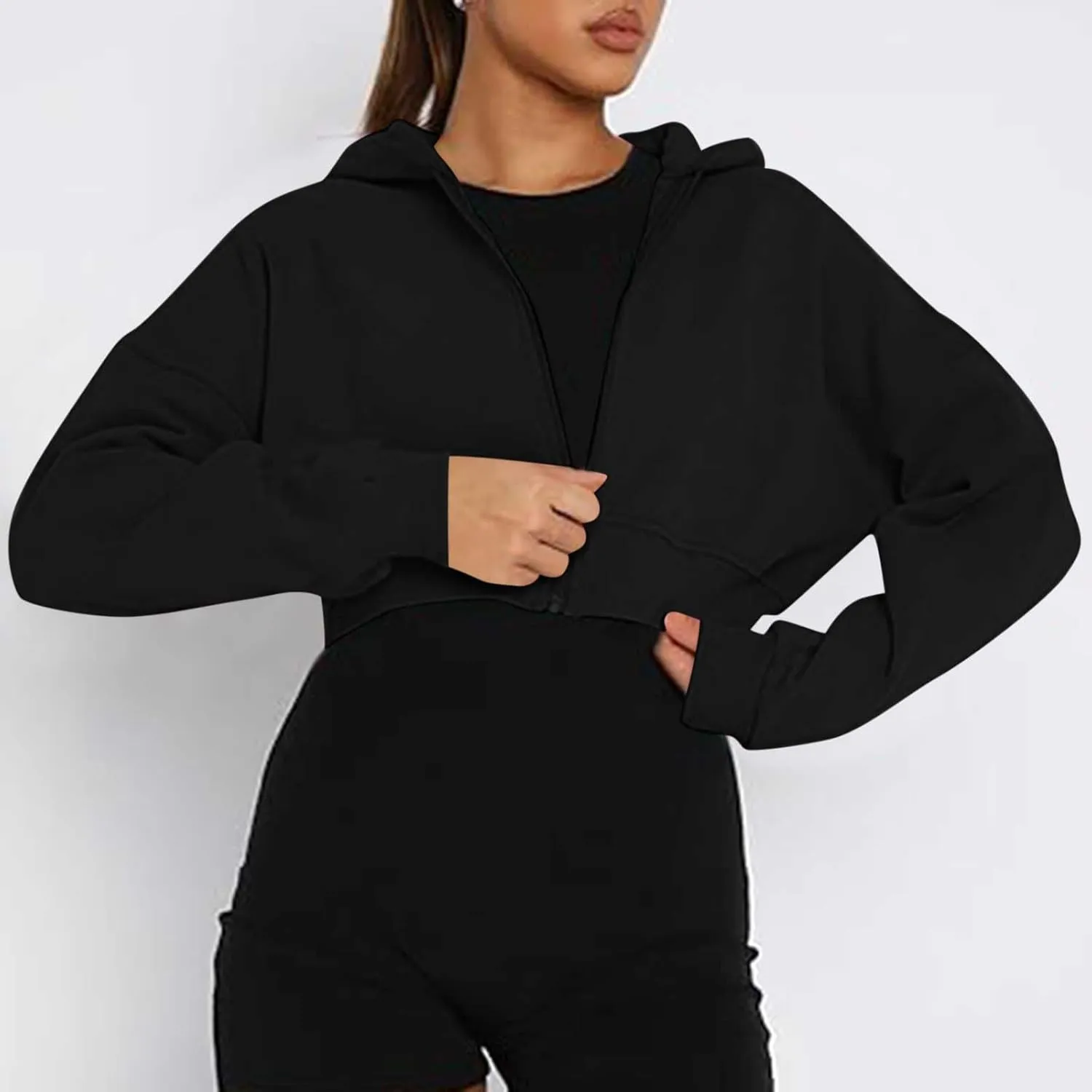 Womens Cropped Hoodie Full Zipper Hooded Sweatshirts Fleece Long Sleeve Pullover Tops Trendy Fall Clothes 2024