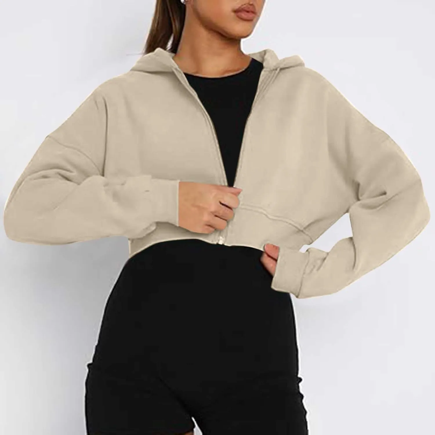 Womens Cropped Hoodie Full Zipper Hooded Sweatshirts Fleece Long Sleeve Pullover Tops Trendy Fall Clothes 2024