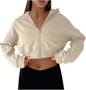 Womens Cropped Hoodie Full Zipper Hooded Sweatshirts Fleece Long Sleeve Pullover Tops Trendy Fall Clothes 2024