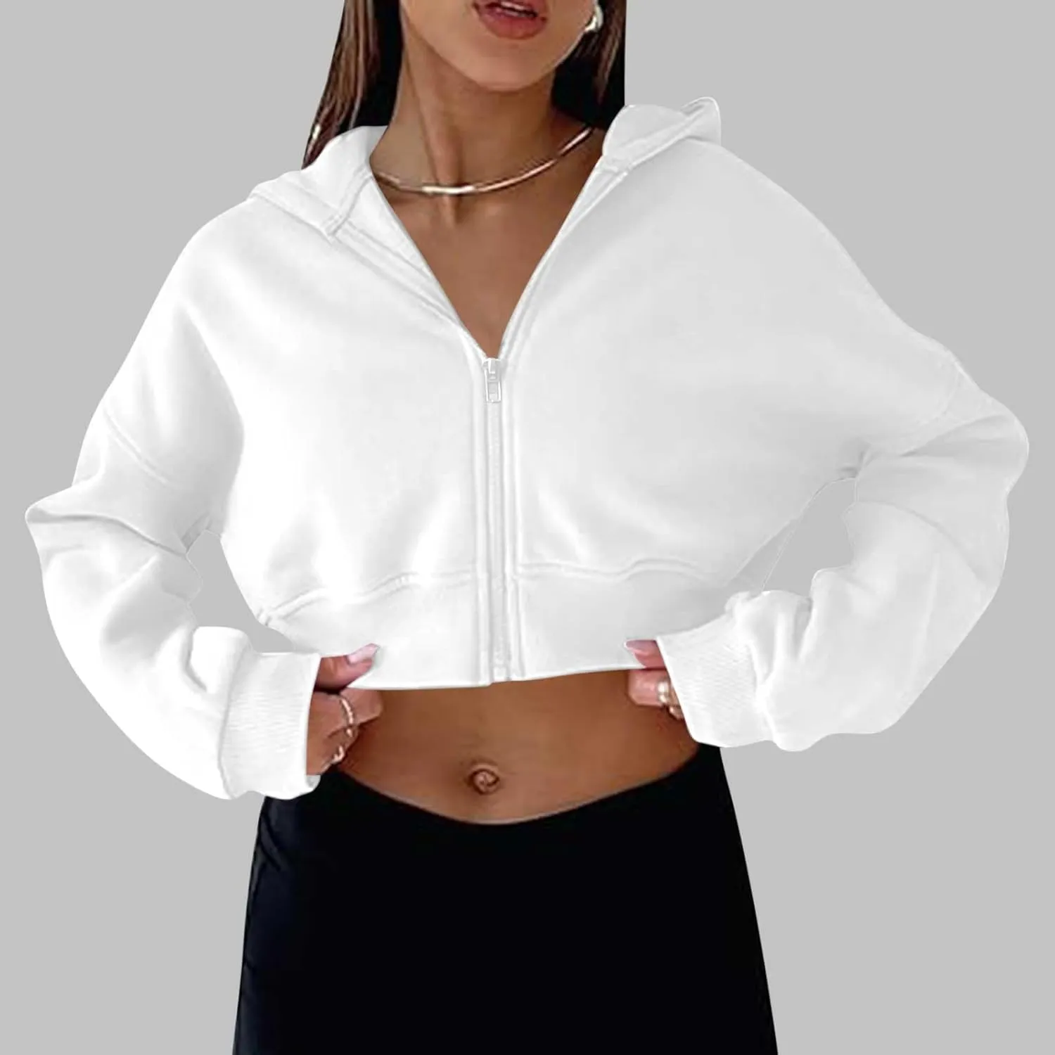 Womens Cropped Hoodie Full Zipper Hooded Sweatshirts Fleece Long Sleeve Pullover Tops Trendy Fall Clothes 2024