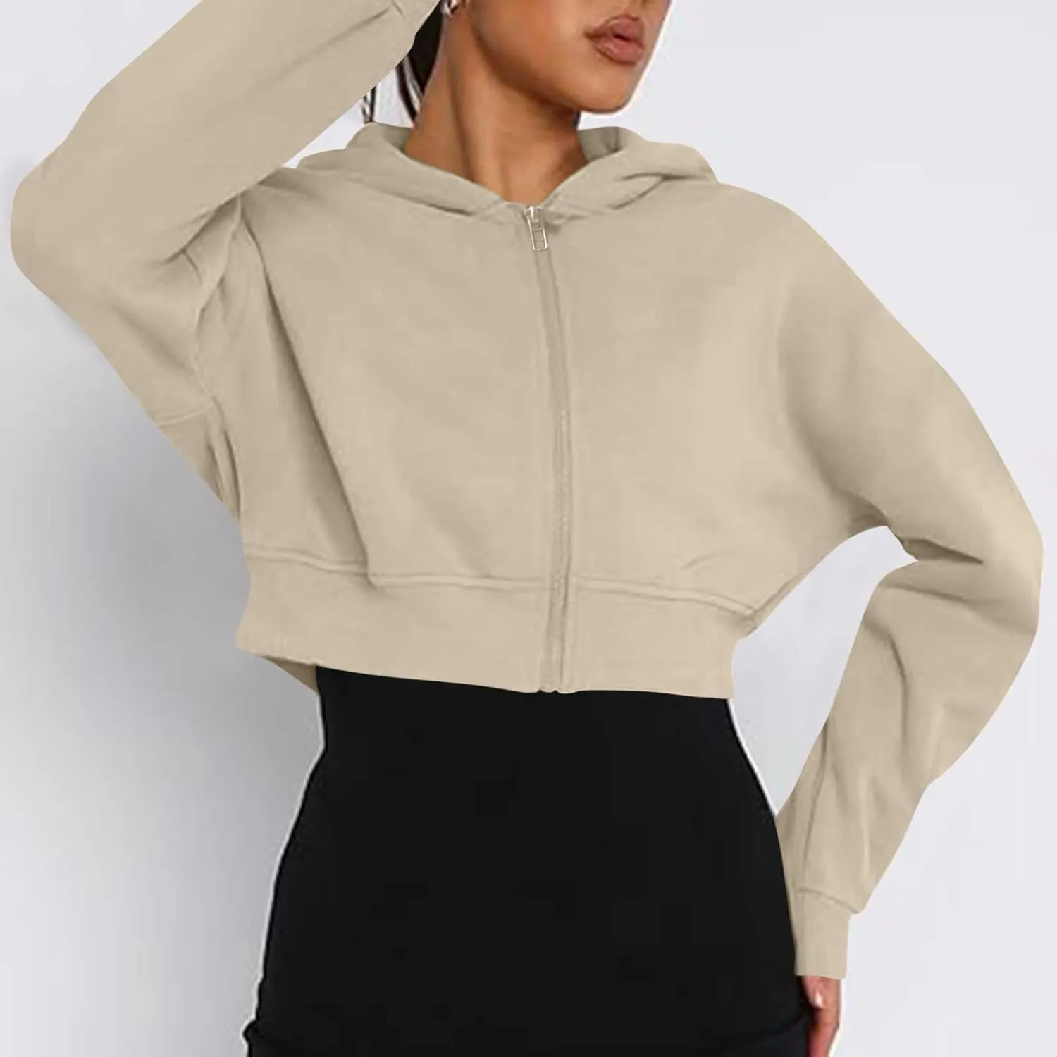Womens Cropped Hoodie Full Zipper Hooded Sweatshirts Fleece Long Sleeve Pullover Tops Trendy Fall Clothes 2024