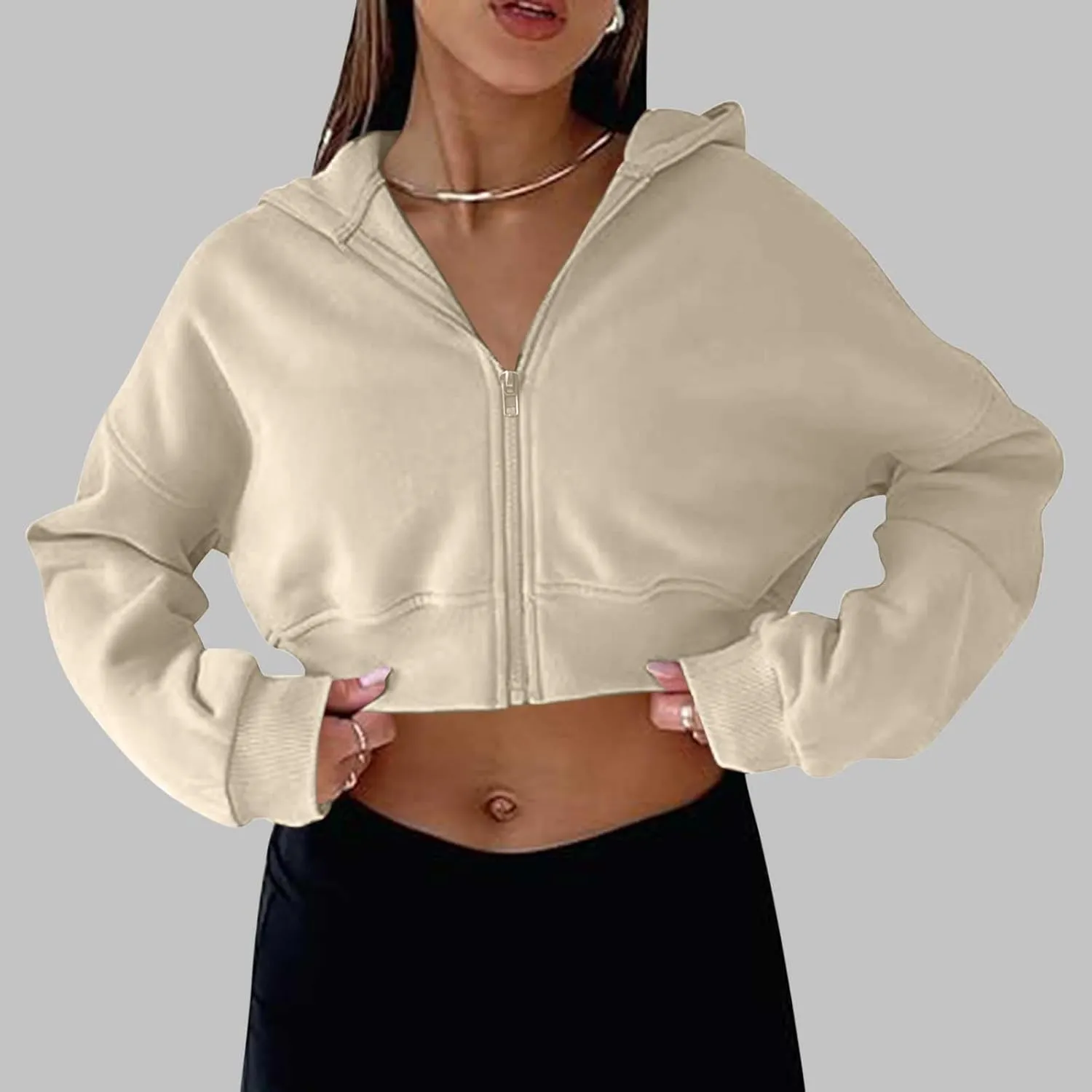 Womens Cropped Hoodie Full Zipper Hooded Sweatshirts Fleece Long Sleeve Pullover Tops Trendy Fall Clothes 2024