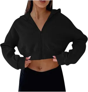 Womens Cropped Hoodie Full Zipper Hooded Sweatshirts Fleece Long Sleeve Pullover Tops Trendy Fall Clothes 2024
