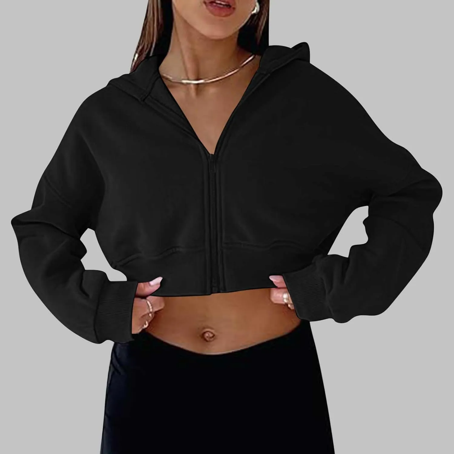 Womens Cropped Hoodie Full Zipper Hooded Sweatshirts Fleece Long Sleeve Pullover Tops Trendy Fall Clothes 2024