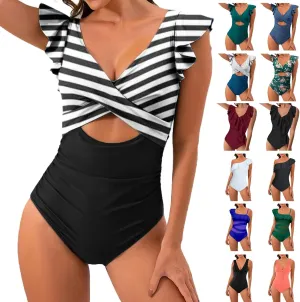 Women's Cutout Ruffle Sleeve Wrap One Pice Swimsuits 2024 Summer Beach Casual Bathing Suits Sexy Monokini Beachwear