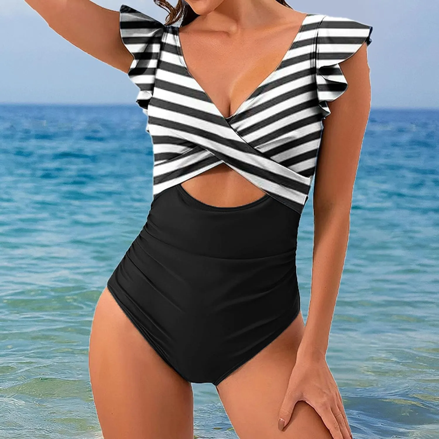 Women's Cutout Ruffle Sleeve Wrap One Pice Swimsuits 2024 Summer Beach Casual Bathing Suits Sexy Monokini Beachwear