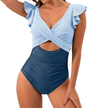 Women's Cutout Ruffle Sleeve Wrap One Pice Swimsuits 2024 Summer Beach Casual Bathing Suits Sexy Monokini Beachwear