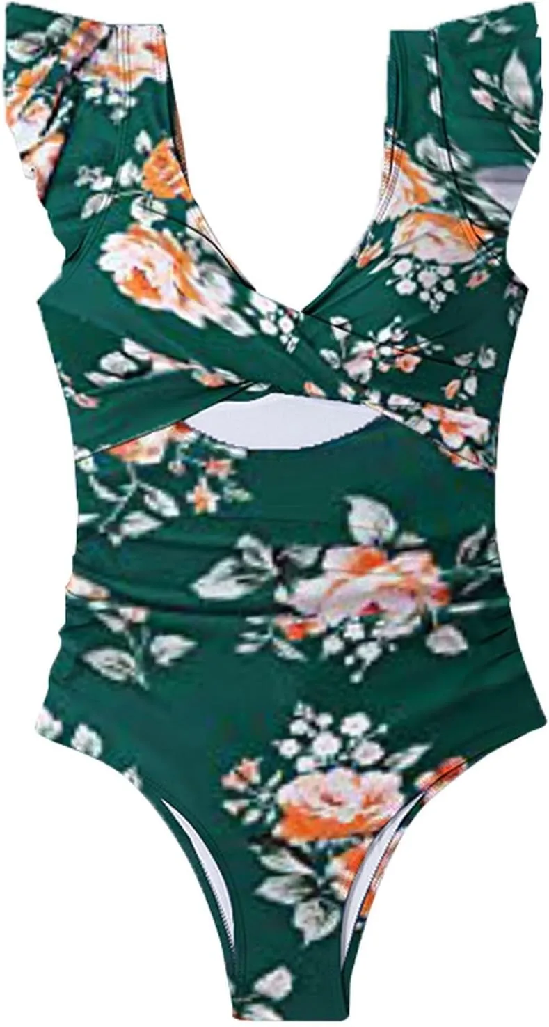 Women's Cutout Ruffle Sleeve Wrap One Pice Swimsuits 2024 Summer Beach Casual Bathing Suits Sexy Monokini Beachwear