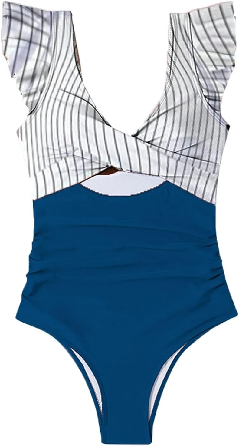 Women's Cutout Ruffle Sleeve Wrap One Pice Swimsuits 2024 Summer Beach Casual Bathing Suits Sexy Monokini Beachwear