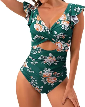 Women's Cutout Ruffle Sleeve Wrap One Pice Swimsuits 2024 Summer Beach Casual Bathing Suits Sexy Monokini Beachwear