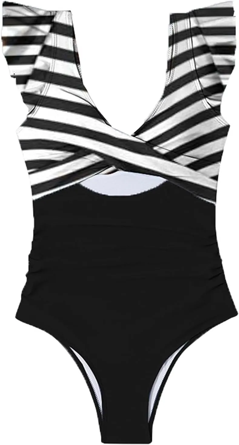 Women's Cutout Ruffle Sleeve Wrap One Pice Swimsuits 2024 Summer Beach Casual Bathing Suits Sexy Monokini Beachwear