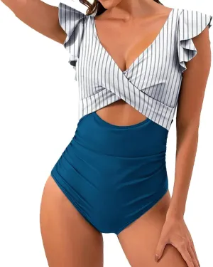 Women's Cutout Ruffle Sleeve Wrap One Pice Swimsuits 2024 Summer Beach Casual Bathing Suits Sexy Monokini Beachwear