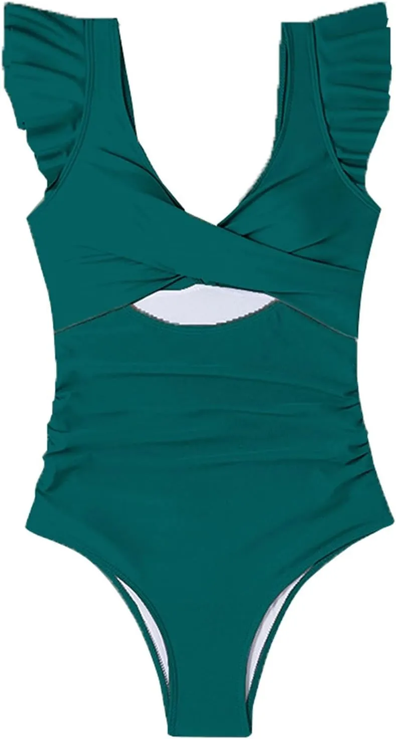 Women's Cutout Ruffle Sleeve Wrap One Pice Swimsuits 2024 Summer Beach Casual Bathing Suits Sexy Monokini Beachwear