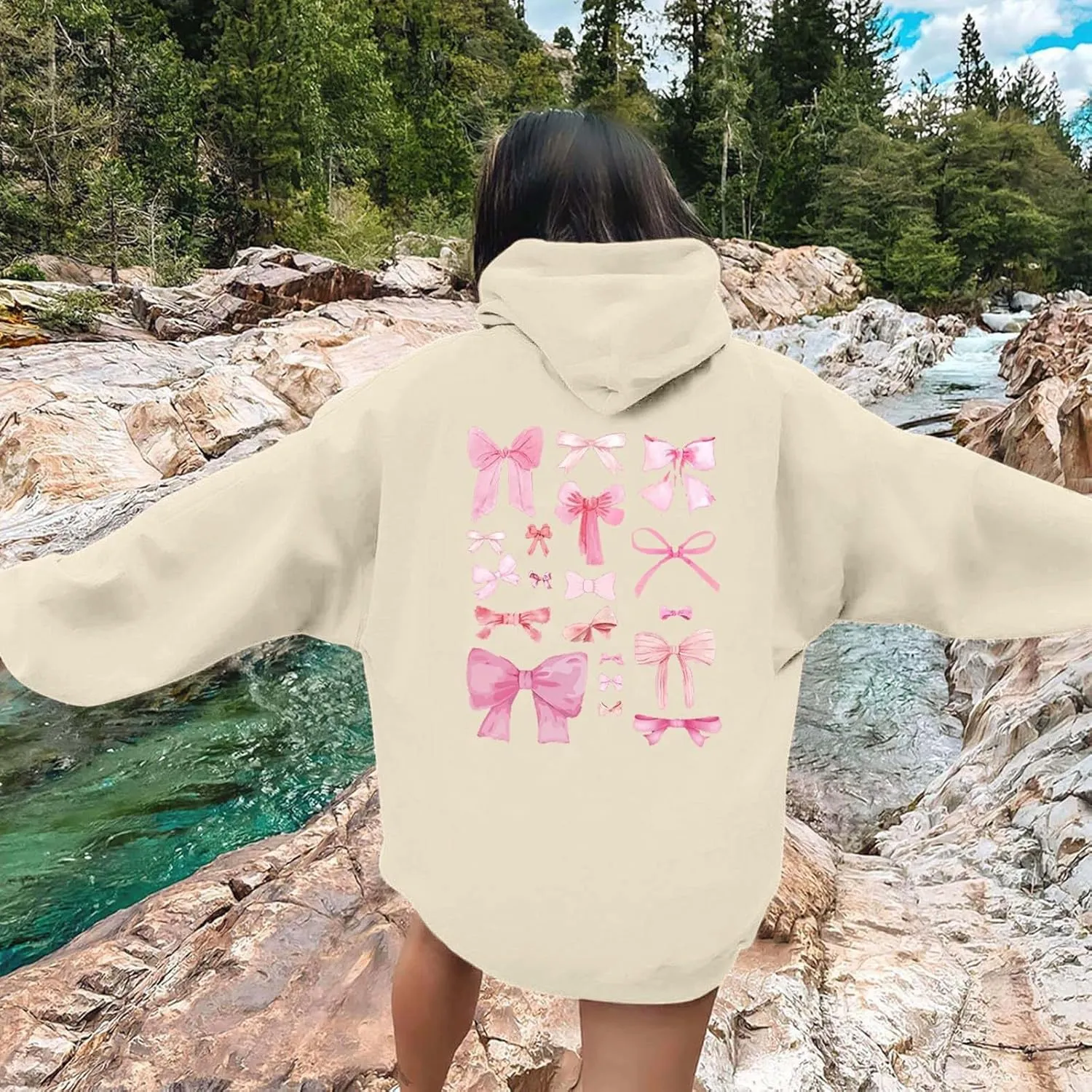 Women's Fashion Sweatshirts Loose Fit Printed Oversized Hooded Pullover Sweatshirts Outdoor Workout Hoodie with Pocket