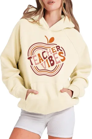 Womens Fashion Teacher Hoodie Loose Hooded Back to School Funny Letter Print Pullover Sweatshirts Fall Casual Hoodies