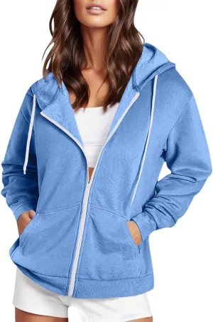 Women's Full Zip Up Fleece Cropped Hoodies Casual Zipper Sweater Long Sleeve Hooded Sweatshirts Pockets Jacket