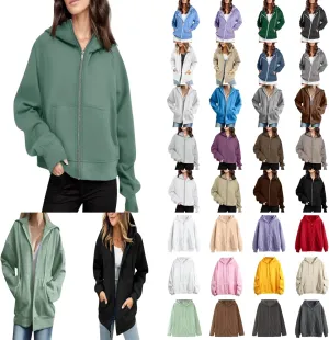 Women's Full Zip Up Fleece Cropped Hoodies Casual Zipper Sweater Long Sleeve Hooded Sweatshirts Pockets Jacket