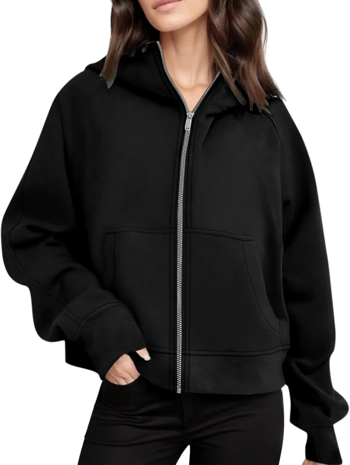 Women's Full Zip Up Fleece Cropped Hoodies Casual Zipper Sweater Long Sleeve Hooded Sweatshirts Pockets Jacket