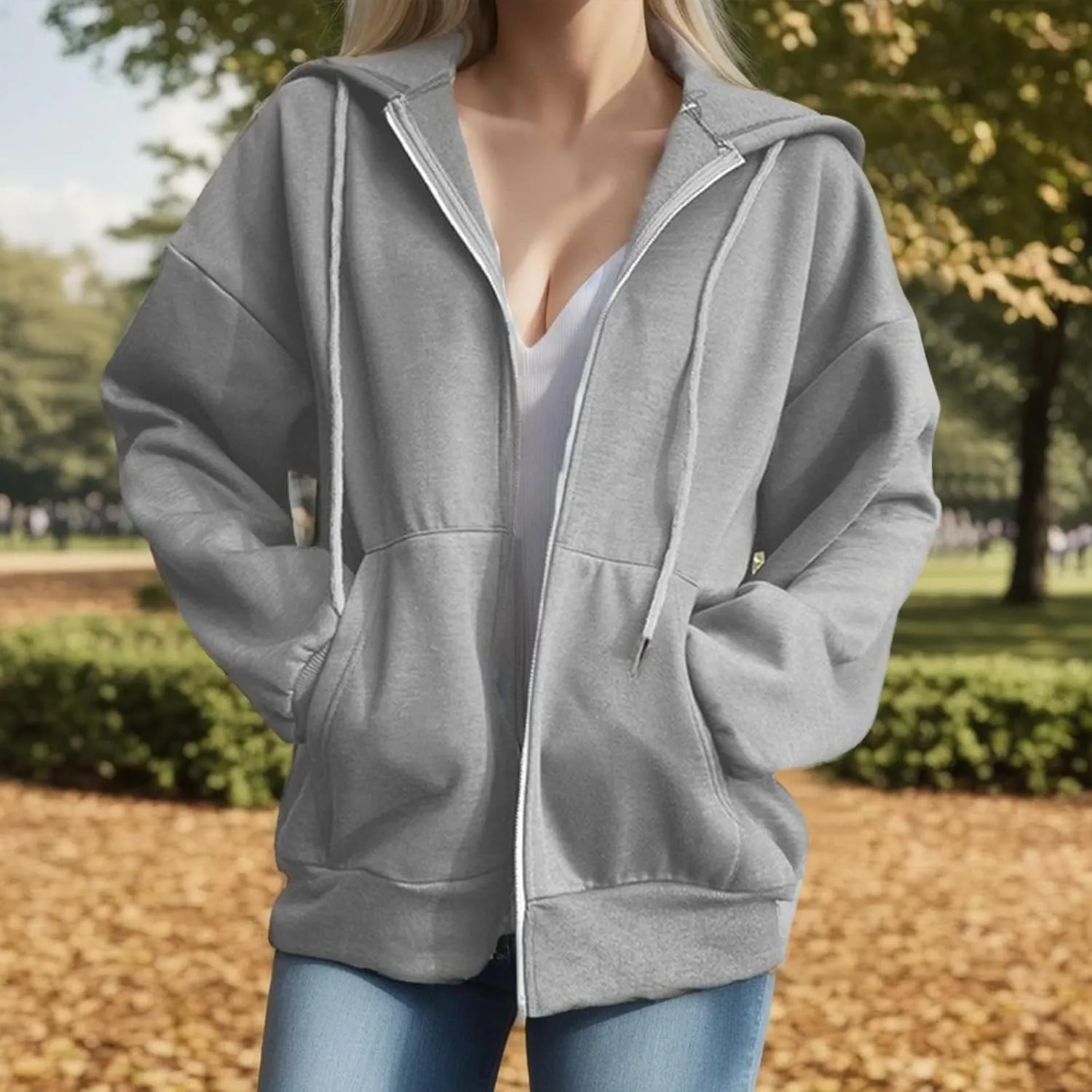 Women's Full Zip Up Fleece Cropped Hoodies Casual Zipper Sweater Long Sleeve Hooded Sweatshirts Pockets Jacket